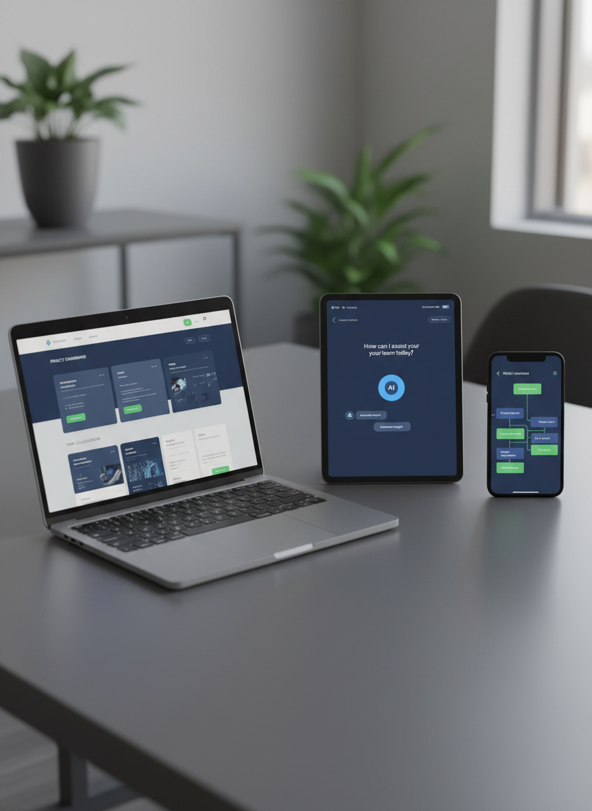 A set of three devices — a laptop, tablet, and smartphone — all resting on a smooth, charcoal-gray desk surface, each displaying a different part of a digital ecosystem: a structured website layout, a chat-based AI assistant, and an automated workflow builder. The screens share a consistent brand palette of deep blues, soft grays, and accent greens, with clean typography and clear interface elements. Gentle late-afternoon natural light enters from the left, creating soft highlights along metallic edges and subtle, directional shadows. Photographic realism with a slightly elevated angle and rule-of-thirds composition, foreground devices in sharp focus and background fading into a neutral blur. The mood is cohesive, reliable, and efficient, highlighting cross-device digital infrastructure for teams and organizations.