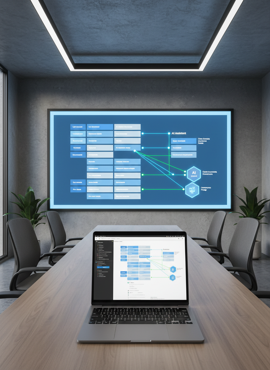 A structured sitemap diagram glowing on a large, wall-mounted digital whiteboard in a modern meeting space, with neatly arranged rectangles representing pages and colored lines connecting them to AI assistants and automation nodes. On a nearby table, a slim laptop shows the same architecture in more detail, reinforcing the system design. Cool, diffused overhead lighting combined with a hint of natural side light creates balanced illumination and crisp shadows. Photographic realism with a wide-angle composition, emphasizing depth from the table in the foreground to the board in the background. The atmosphere is methodical and strategic, suggesting long-term, scalable digital systems rather than simple web pages.