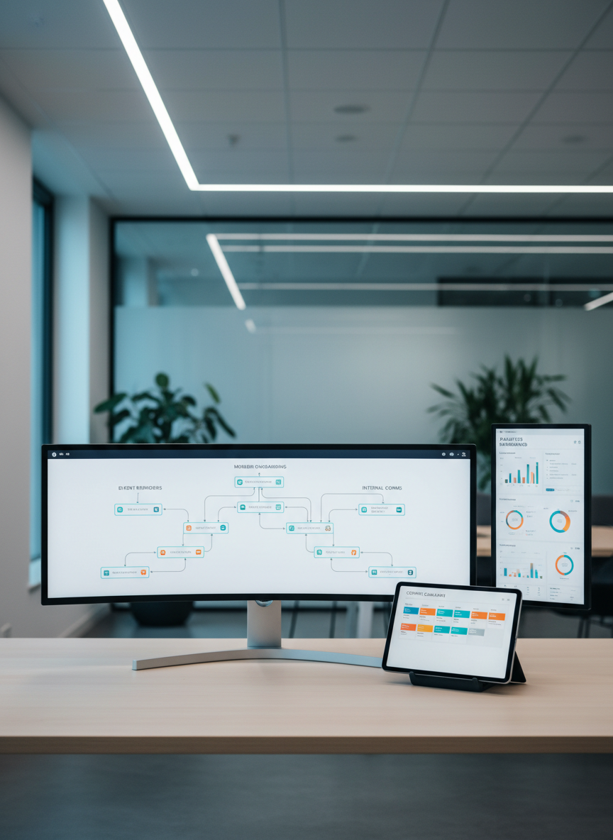 A minimalist control center for a modern club or association, featuring a large ultrawide monitor on a pale wood desk, displaying a visual automation flow of member onboarding, event reminders, and internal communication sequences. To the side, a tablet shows a structured content calendar and a secondary monitor displays analytics dashboards. Overhead, soft, indirect LED lighting illuminates the workspace without glare, complemented by a faint cool daylight from a side window. Photographic realism with an eye-level composition and moderate depth of field, keeping all screens crisp while the distant background recedes into soft focus. The atmosphere is calm, strategic, and organized, emphasizing streamlined workflows and long-term system thinking rather than ad-hoc tools.